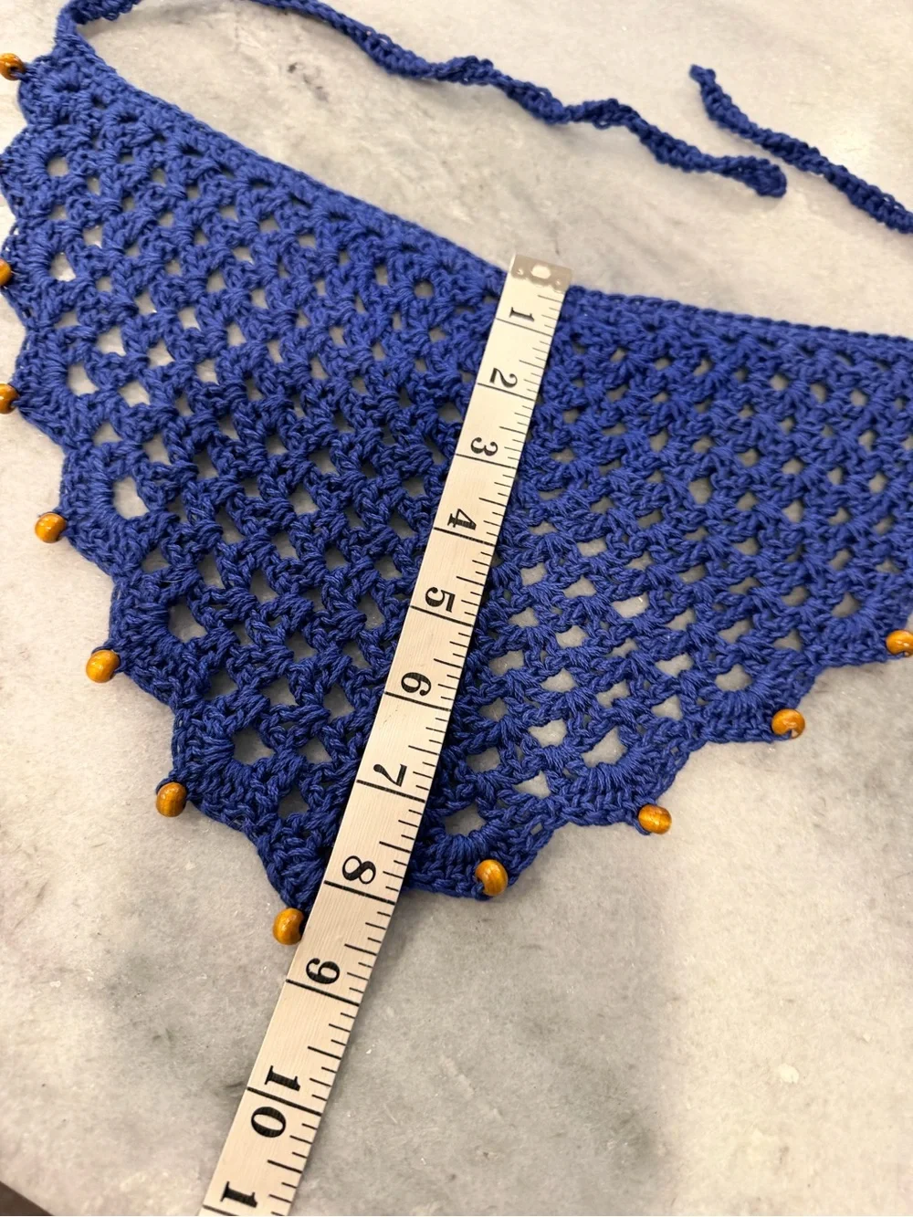 Handmade Crochet Wood Beaded Kerchief Head Scarf Cotton Boho Bandana Cottagecore
